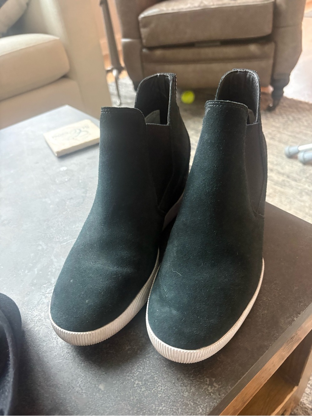 Sorel Black Suede Chelsea Sneaker Booties with White Sole